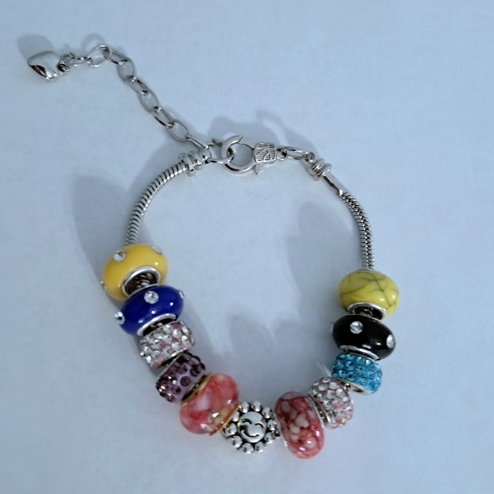 Handmade Charm Bracelet Colorful Glass Beads Rhinestones Flower Smile Charm